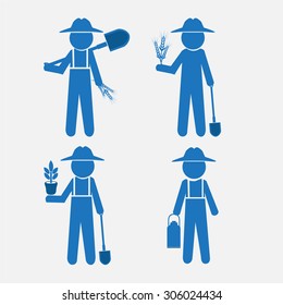 Farmer man and tool, set vector illustration