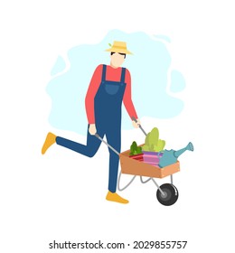 farmer man use carts trolley to transport plants and water pot people character flat design vector illustration