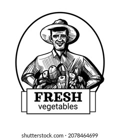 Hombre agricultor con verduras
Ilustración de esbozo del vector. Logo, diseño de emblemas