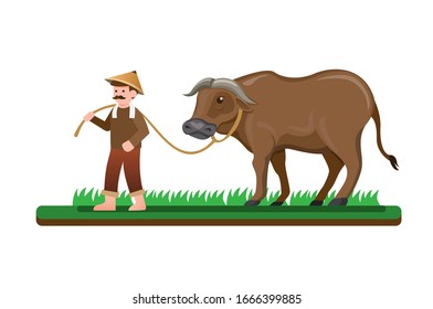 farmer man walking with his buffalo to rice field, asian people activity in countryside. cartoon flat illustration vector isolated in white background