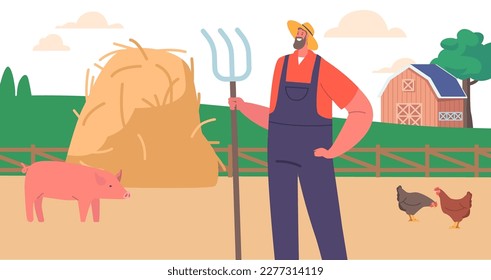 Farmer Man Wearing Straw Hat And Overalls Stand In Field With Pitchfork In Hand. Hard Work Agricultural Employee