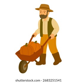 Hombre del granjero con la carretilla llena de calabazas en ilustración aislada plana del estilo de la historieta para los temas de la cosecha del otoño