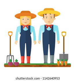 Farmer man and a woman. Characters on profession farm and local market. People in uniform and work wear, staff. Objects isolated on white background. Flat cartoon vector illustration.