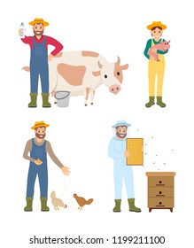 Farmer man and woman isolated icons set vector. Man with cow and produced organic drink, woman with piglet. Person feeding hens, beekeeper and bees
