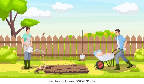 Farmer man and woman in summer season backyard garden with cultivated soil shovel, watering can and wheelbarrow, fence on background. Gardening equipment, lawn with potted flower. Vector illustration