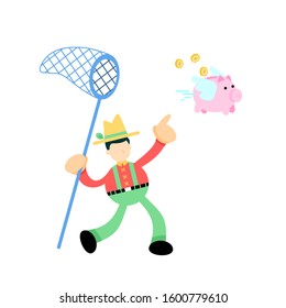 farmer man worker catch pig bank money economy cartoon doodle flat design style vector illustration