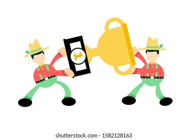 farmer man worker pick trophy win champion cartoon doodle flat design style vector illustration