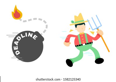 farmer man worker run for time bomb deadline cartoon doodle vector illustration flat design style