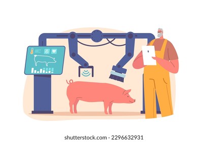 Bauern verwalten Schweinewaschanlagen in intelligenten Betrieben mit Robotermaschine mit Wasserdüsen und Pinseln. Automatisierte Technologie