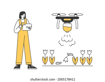 Farmer managing a drone that sprays the plants. Agriculture drone processes fields from parasites. Innovative technologies in farming. Icon for web. Vector line illustration.