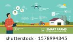 Farmer managing his industrial farm with a mobile app on his tablet, IOT and smart farming concept