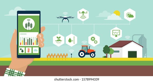 Farmer managing his industrial farm using an app on his smartphone, smart agriculture vector infographic with icons