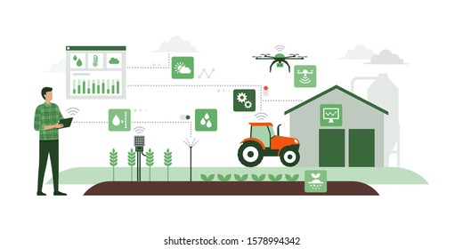 Farmer Managing His Industrial Farm With A Mobile App On His Tablet, IOT And Smart Farming Concept