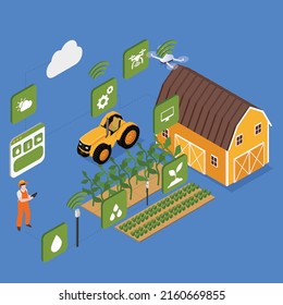 Farmer managing his industrial farm with a mobile app on his table isometric 3d vector illustration concept for banner, website, illustration, landing page, flyer, etc.