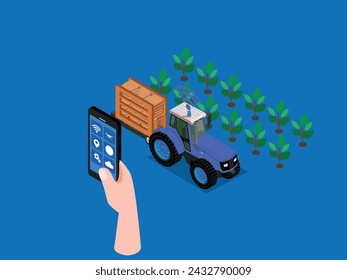 Farmer managing his industrial farm using an app on his smartphone 3d isometric vector illustration