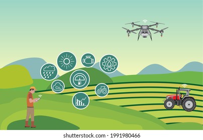 Agricultor manejando su moderna tierra de cultivo con una aplicación móvil y drones en su tablet, IOT y el concepto de agricultura inteligente