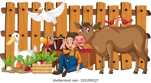 Farmer and many animals illustration