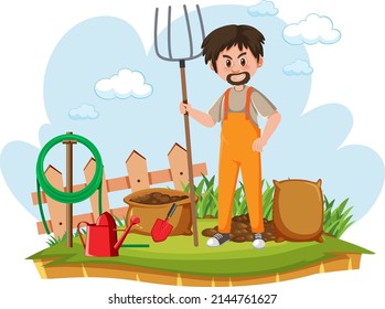 Farmer and many tools illustration