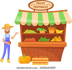 Farmer market booth. Fruits vegetables cartoon stand isolated on white background