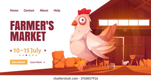 Farmer market cartoon landing page with chicken in barn or farm house. Agricultural livestock production, poultry or fowl organic eco food, ranch storehouse natural healthy products, vector web banner