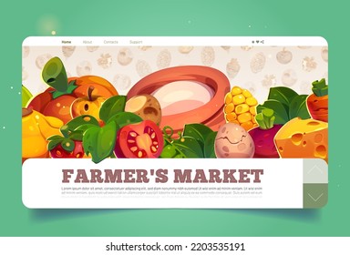 Farmer market cartoon landing page with fresh natural food, dairy products, vegetable, berries and eggs. Ecological agriculture production fair, invitation, promotion Vector web banner design