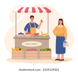 Farmer market concept. Man sells vegetables and fruits, natural and organic products to woman. Local shop or store, agriculture. Poster or banner for website. Cartoon flat vector illustration