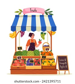 Farmer market concept. Woman sell natural and organic products. Fruits and vegetables. Support your local shop. Poster or banner. Cartoon flat vector illustration isolated on white background