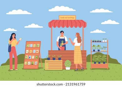 Antecedentes de color plano del mercado de los agricultores con vendedor masculino mostrando semillas y sedas ilustraciones vectoriales