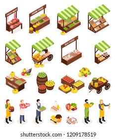 Farmer market isometric icons set of counters boxes casks with fresh meat fruits vegetables dairy and sea produce vector illustration