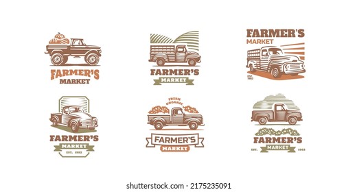 Farmer market labels or emblems with harvester trucks retro vector drawing of farming cars with crop in trunk. Agricultural transport for harvest shipping. isolated graphic elements set with machines