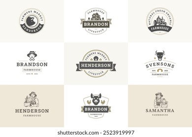 Farmer market livestock farmhouse retro logo design template set vector flat illustration. Farmers with fresh vegetables harvest agriculture and organic meat industrial production logotype