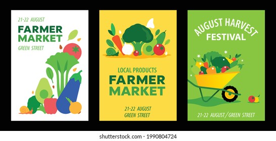 Farmer Market, Local Products and Harvest Festival posters. Set of colorful vector vegetables compositions for Seasonal Fair. Minimal style design. Modern vector template  billboard, announce, adv.