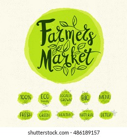 Farmer Market Logo, Lettering Design, Calligraphy Logotype, Leaf, Set Of Stickers, Green Labels. Eco, Bio, Locally Grown, Natural, Detox, Healthy, Menu. Hand Drawn Vector Illustration.