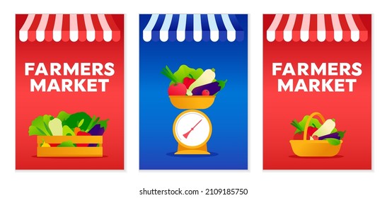 Farmer Market Poster set. Illustration with farmers harvest.  Bright vegetables compositions in wooden box, basket, on the scales. Minimal style design. Modern vector template  cover, poster, adv