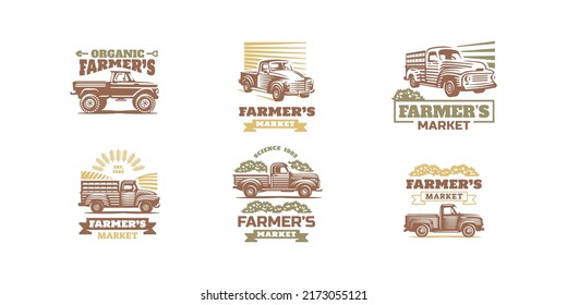 Farmer Market Posters With Vintage Pickup Truck Drawing In Etching Style. Vector Flyers Set With Engraving Illustrations Of Classic Farm Car, Rustic Lorry Isolated On White Background