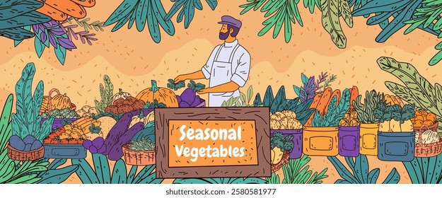 Farmer market seasonal vegetables colorful display. A vendor arranges diverse produce with leafy greens and baskets on a warm-toned backdrop. Perfect for web design