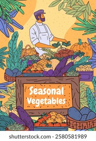 Farmer market seasonal vegetables organic produce. A vendor in apron presents fresh harvest surrounded by colorful veggies and leafy greens. Perfect for banners and ads