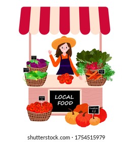 Farmer market stall with local products. Woman selling fresh vegetables on village fair. Female with organic veggie in marketplace. Owner with rural harvest. Happy saleswoman in apron.