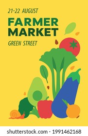 Farmer Market. Vector illustration for Harvest Festival, Seasonal Farmer Fair. Composition of vegetables on yellow background. Minimalist style design. Cover template, poster, billboard, advertising.