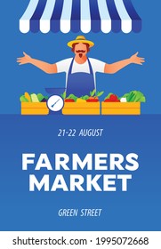 Farmer, marketplace, agriculture. Сute greengrocer offers to buy vegetables. Farmer`s market Poster. Man in straw hat makes welcome gesture. Modern vector illustration, poster, billboard, background.