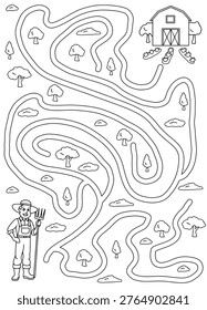 Farmer maze graphic black white vertical sketch illustration vector 