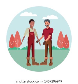 farmer men afroamerican man with overall and man with moustache, gloves and boots avatar cartoon character over the grass with trees and bush in round icon vector illustration