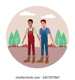 farmer men afroamerican man with overall avatar cartoon character over the grass with trees and bush in round icon vector illustration graphic design