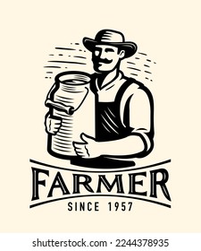 Farmer with milk can, emblem or logo. Dairy farm badge. Healthy organic natural food. Vintage vector illustration