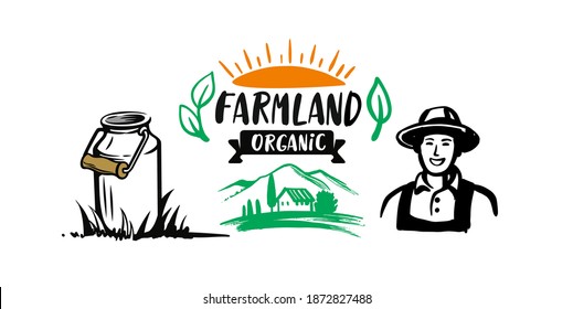 Farmer and milk can with text. Rustic theme
