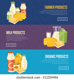 Farmer, milk and organic products horizontal website templates with different dairy composition isolated on color background, vector illustration. Nutritious and healthy products. Natural healthy food