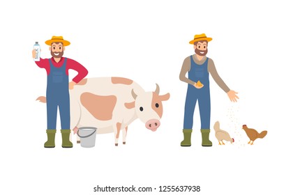 Farmer with milk package set. Person with bucket cow livestock. Animal tending and care for chickens, farming male feeding hens isolated icon vector