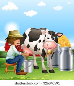 Farmer milking a cow at daytime illustration