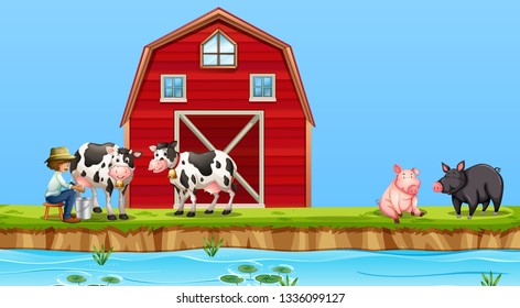 A farmer milking cow at farm illustration