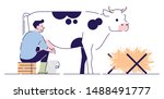 Farmer milking cow flat vector character. Livestock, cattle agriculture and animal husbandry. Dairy farm cartoon concept with outline. Rural man working in cowshed isolated illustration on white